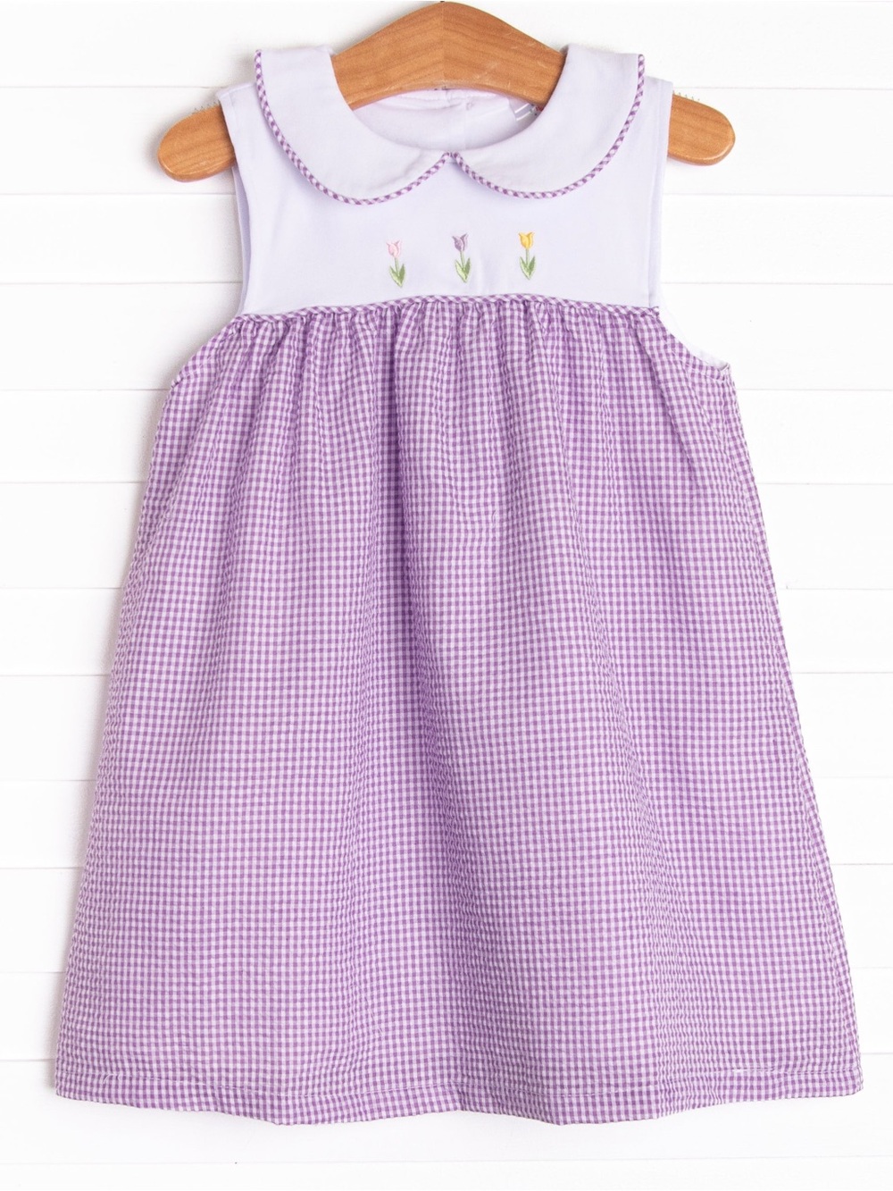 Girls Purple Gingham Dress with Embroidered Tulips